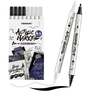 4 Black and 4 White Paint Markers Brush and Fine Dual-tip Acrylic Paint Marker Set for Rock Painting Glass Canvas Wood Leather Ceramic Painting