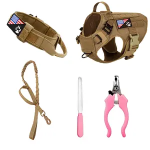 Boutique 3 Pcs  New Tactical Dog Harness- Work Dog Vest with Collar and leads set for Hiking and Walking  Training  Free Nail clippers with files for dog- Petnanny Dog Harness Service Dog Vest for Large Breed Dog, Hook and Loop Pabel , Pet Dog Vest