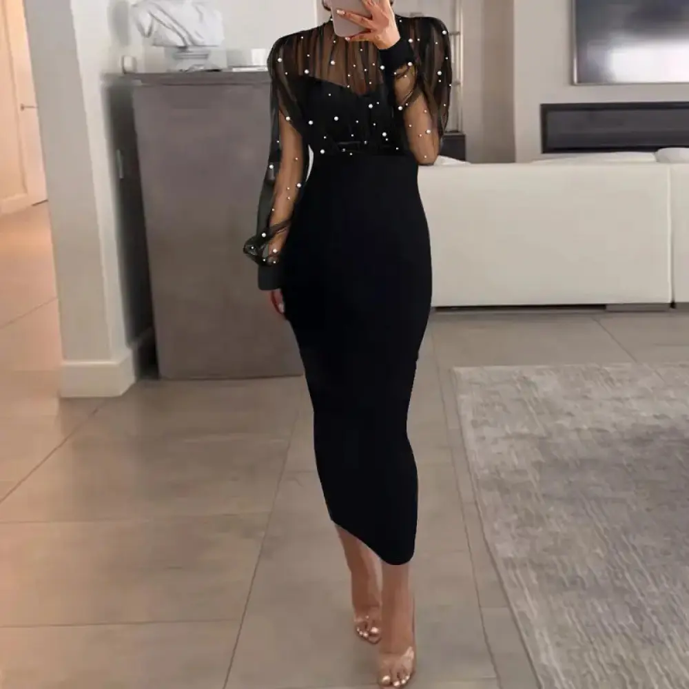 Women's 2026 Sheer Mesh-Veined Beadwork Longsleeve Bodycon Dress - Basic Lady's Bead Casual Dress, Formal Wear for Party, Wedding Guest