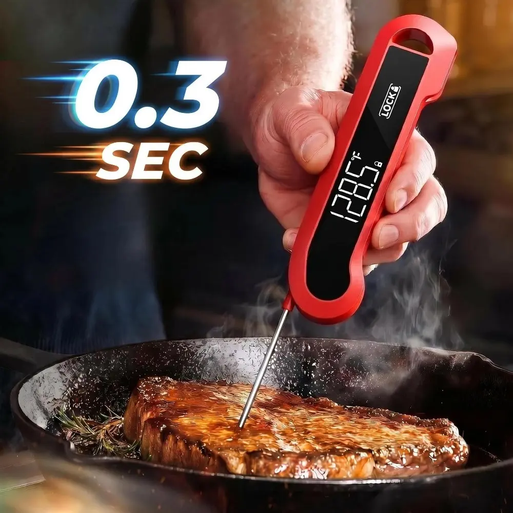 Digital Instant Read Kitchen Meat Thermometer - Kitchen Gadgets Digital Thermometer with 0.3 Sec Response, ±0.5℉ Precision Temperature Probe, for Grilling, Cooking, Red BBQ Essentials Accessories, Gifts for Men Dad Birthday