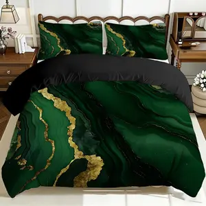 2/3 Pcs Comfortable Dark Green Textured Gold Foil Decorative Duvet Cover Set, Soft And Breathable, 100% Polyester Fiber High-Definition Digital Printing Design, All-Season Home Gift, Machine Washable (1 Duvet Cover +1/2 Pillowcase, No Filling)