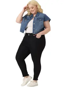 Agnes Orinda Plus Size Denim Vest Tops for Women Y2K Button Down Short Sleeve Streetwear Cropped Jean Jacket