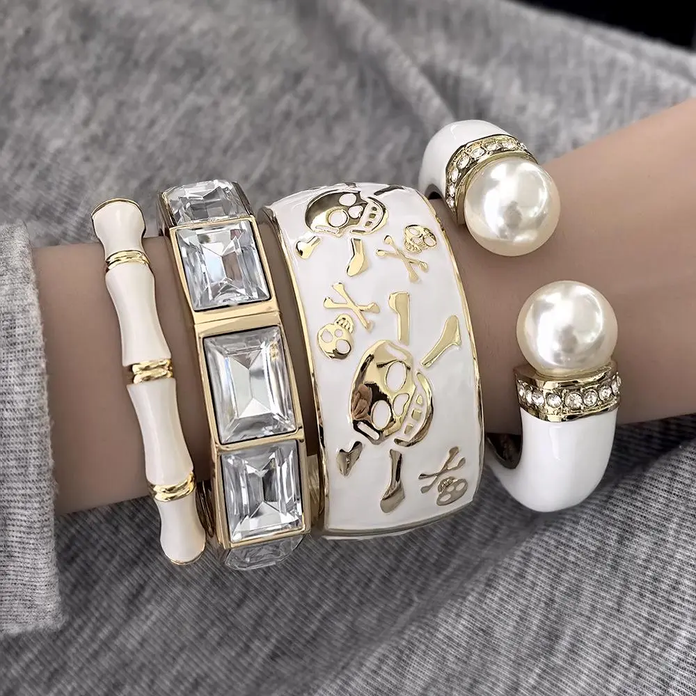 KMVEXO Elegant Charm White Pearl Zinc Alloy Enamel Bangles Geometric Wide Cuff Spring Bangle Bracelets For Women Men Jewelry