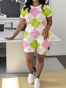 Women's Pink Green Grid Printed Short Sleeve Round Neck T-shirt Shorts 2-piece Set