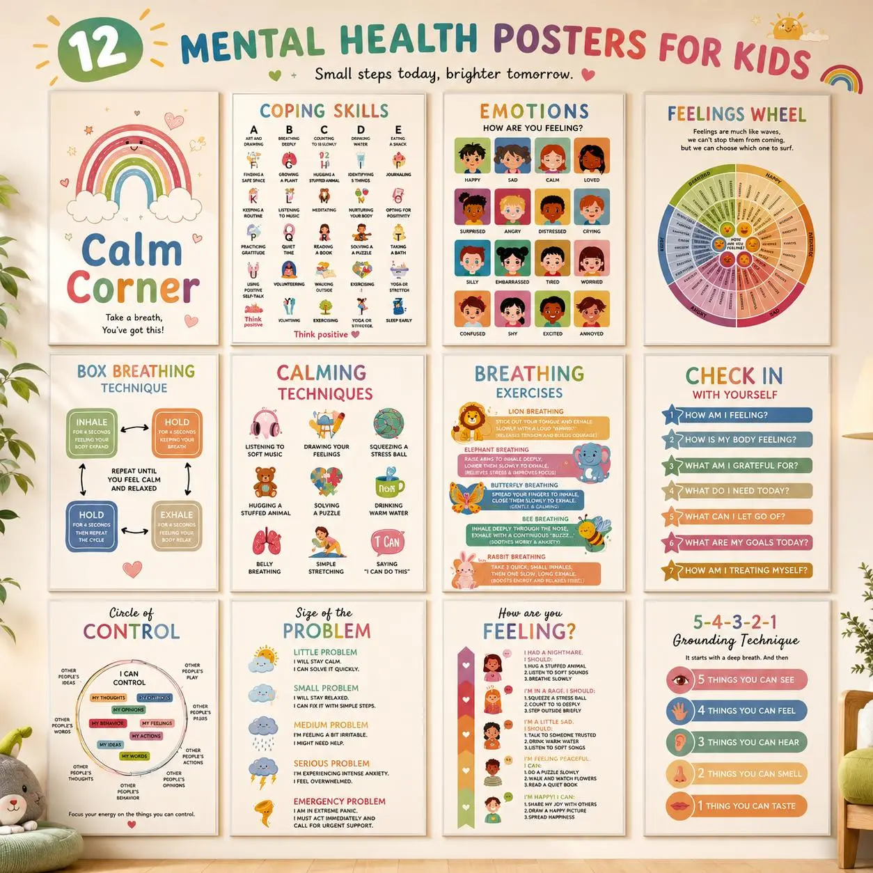 12 Laminated Kids' Mental Health Posters - Bright, Cheerful Designs Feelings & Emotions Learning Charts, Positive Affirmation Wall Art, Classroom Decor for Preschoolers, Builds Confidence & Resilience, Playrooms/Bedrooms Wall Art