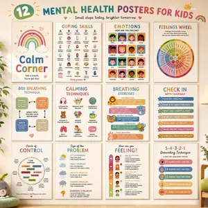 12 Laminated Kids' Mental Health Posters - Bright, Cheerful Designs Feelings & Emotions Learning Charts, Positive Affirmation Wall Art, Classroom Decor for Preschoolers, Builds Confidence & Resilience, Playrooms/Bedrooms Wall Art