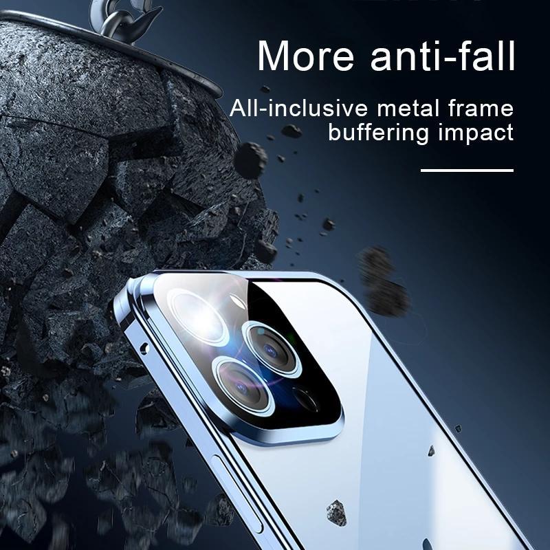 360°Full Protected Metal Magnetic Double-Sided Glass Snap Lock Phone Case For iPhone 16 Pro Max 14 13 12 15 Pro Max Bumper Cover