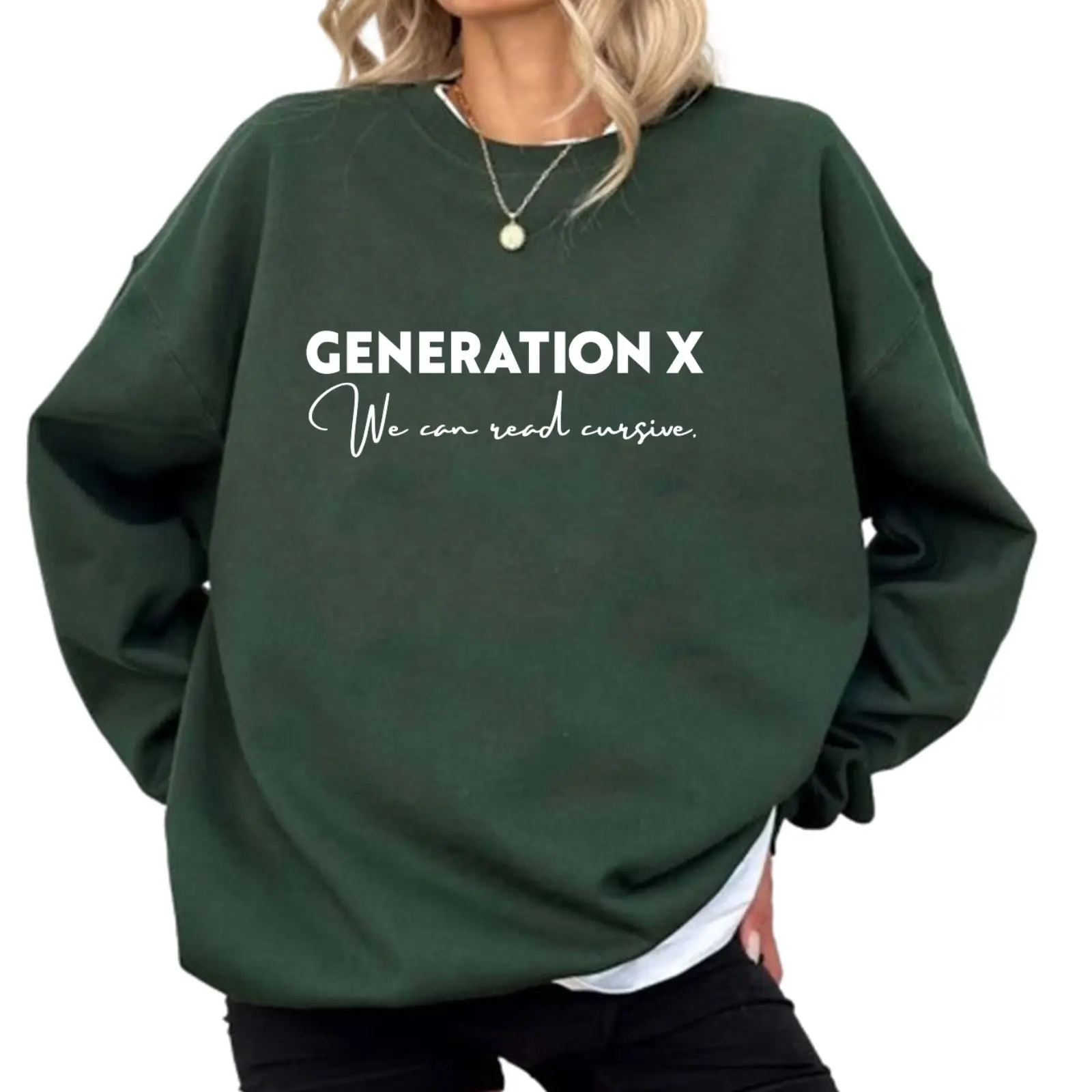 Women's Casual Fashion Gen X Sweatshirt - Comfortable Everyday Funny Cursive Reading Graphic Unisex Fleece Pullover Top