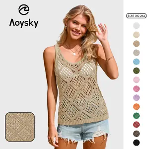 Aoysky Womens Summer Crochet Tank Tops Knit Sleeveless Scoop Neck Sweater Vest Boho Hollow Out Cover Ups