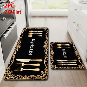 2pcs/3pcs Flannel Kitchen Floor Mat Set, Base with Gold Trim, Vintage Industrial Style, Non-Slip, Absorbent, Home Decor
