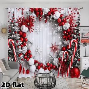 2D Flat 2Pcs Christmas Curtains Red White Holiday Decor Window Drapes Winter Snowflake Candy Cane Berry Pattern Festive Treatment Thermal Insulated Blackout Panel Home Decoration Curtain for Living Room Bedroom Kitchen Dining Decoration