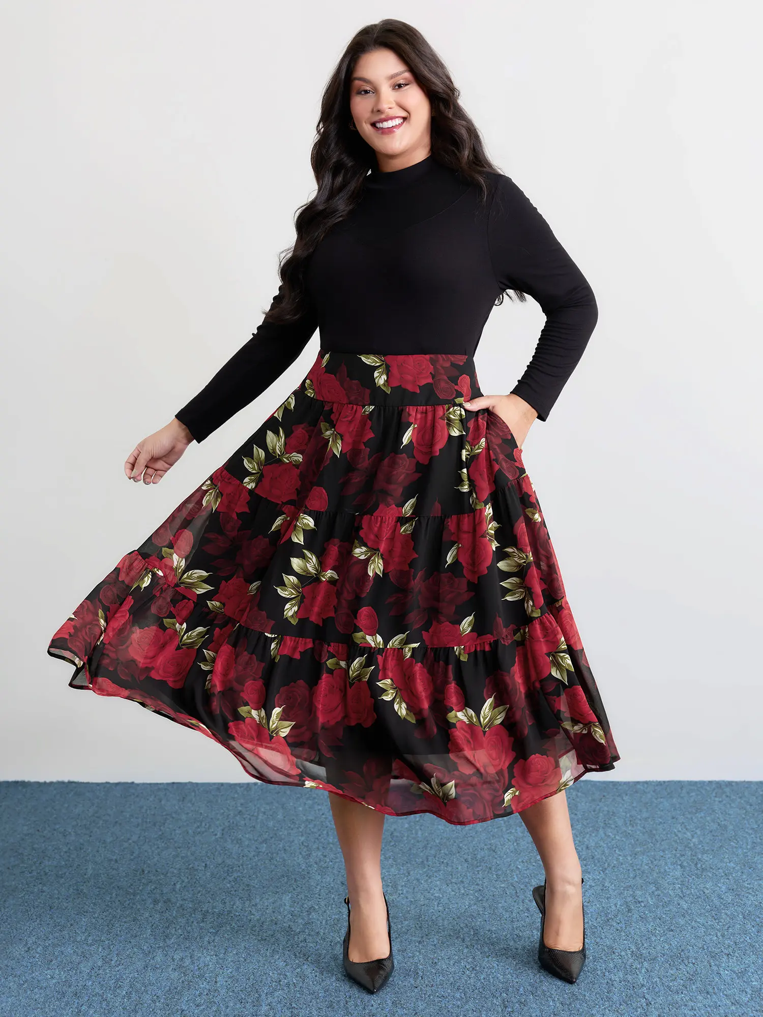 BLOOMCHIC Women's Plus Size Blackflower Midi Skirt - Polyester Fabric, Wide Waistband, Low-Stretch Smooth Baggy Summer Bottom, Slanted Pocket, Bodycon-Casual Style, M-6X, Garment, Midi Skirts, Cold Wash, Machine Wash, Slash Pocket, Floral, Bottoms, Plus S