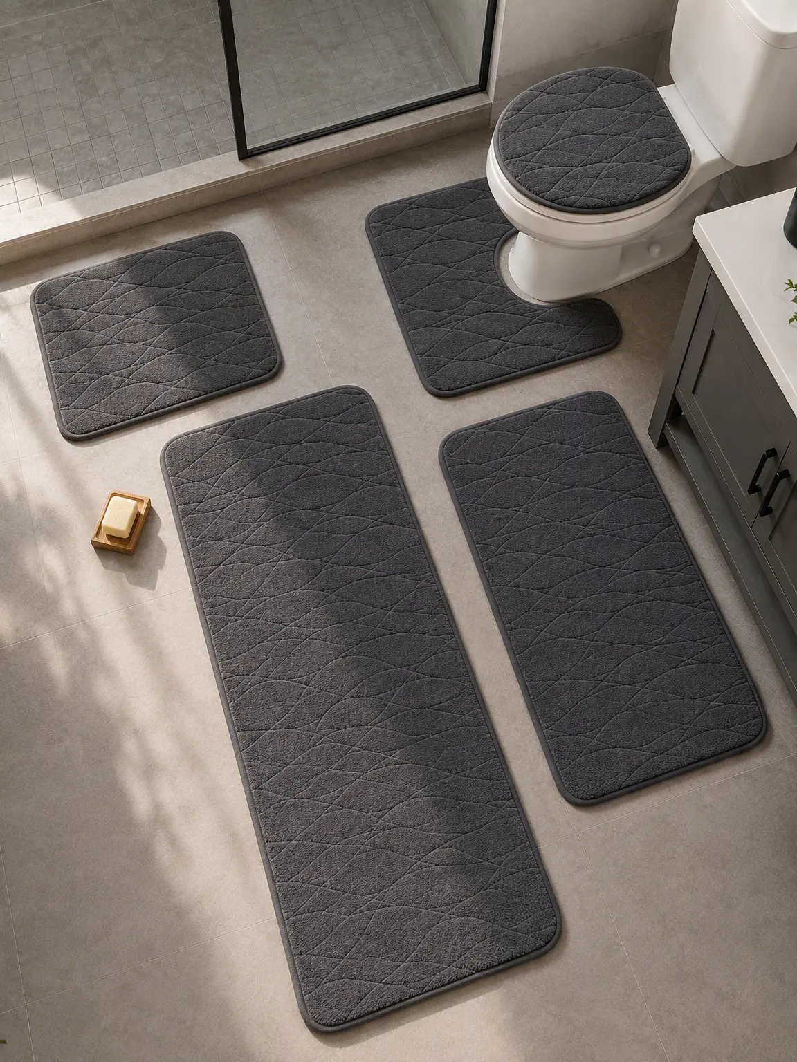 Luxury 5/3PCS Bathroom Rug Set, Ultra Soft Flannel Bath Mats, Non-Slip Backing, Super Absorbent, Machine Washable, Full Bathroom Coverage