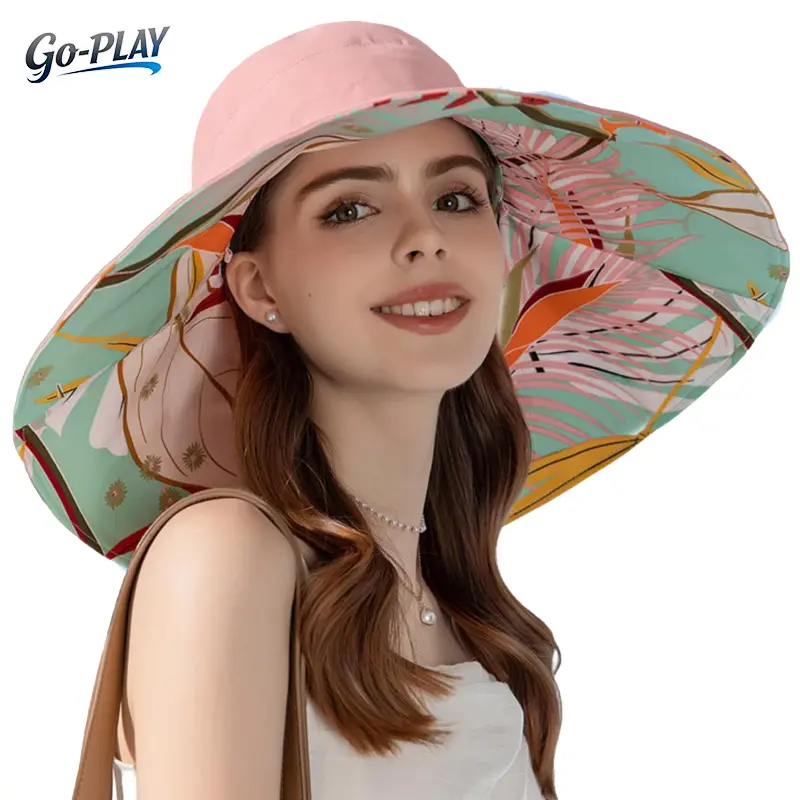 Women Wide Brim Bucket Hat, Reversible Double Sided UV Protection Sun Hat, Foldable Floral Print Packable Hat for Summer Beach Outdoor