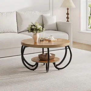 30" Round Oak Farmhouse Coffee Table with Storage Shelf, 2-Tier Rustic Wood Center Table & Curved Metal Legs – Compact for Small Spaces, Apartments & Office