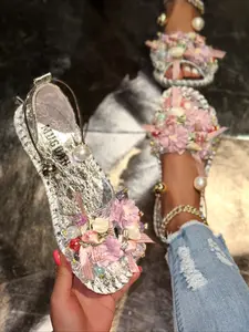 New Women's Floral Rhinestone Butterfly Sandals, High-End Quality, Full-Diamond Butterfly Decoration, Snake Skin Flower Bottom, Perfect Match for Style
