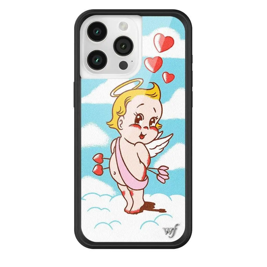 Lil Angel | Limited Edition Trendy iPhone Case | Raised Protective Black Bumper | Women Owned Small Business | Vibrant Baby Blue Cloudy Sky Background Cute Cupid | Safety Casing Protective | Gift for Her