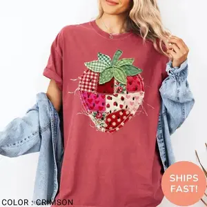 Comfort Colors PRINTED Strawberry T-Shirt, Patchwork Quilted Farmhouse Berry Tee, Rustic Gingham Floral Cottagecore Aesthetic, Vintage Tee