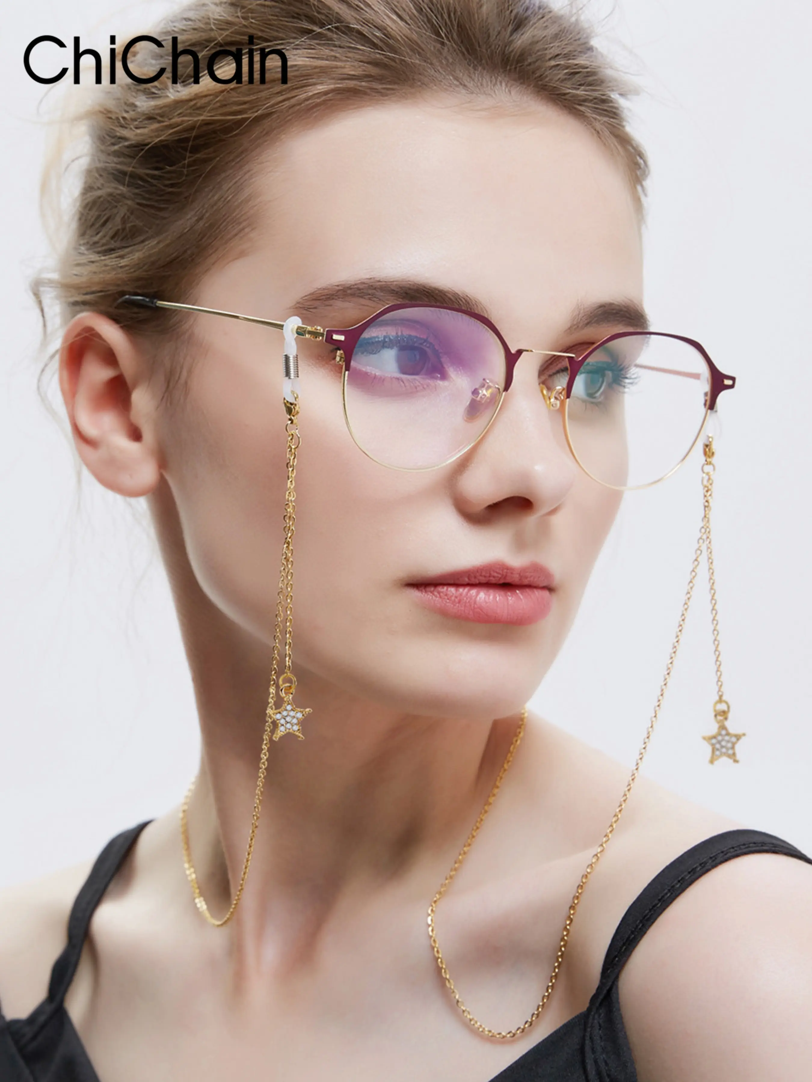 Vintage Eyeglass Chain Mask Strap, Dual Color Gold and Silver, Star Design with Rhinestones, Fashion Accessory for Glasses and Masks