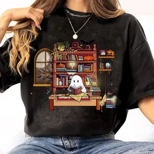 Unisex Halloween Retro Ghost Reading Books Tshirt, Unisex Casual Drop Shoulder Long Sleeve Pullover, Unisex Fall & Winter Clothes For Daily Wear Halloween, Halloween Boo School Sweatshirt