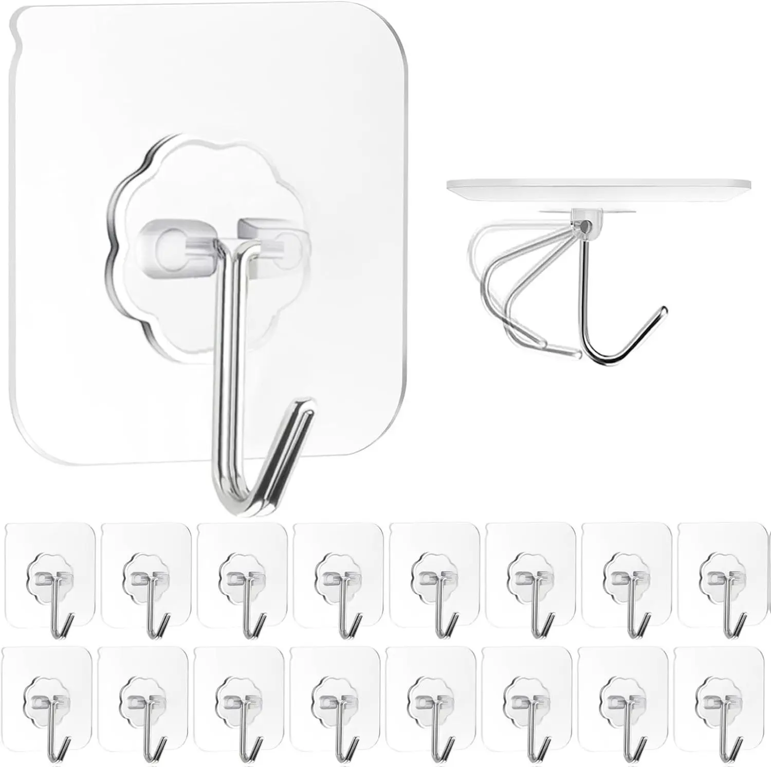 Heavy Duty Polycarbonate Adhesive Wall Hanging Hooks, 16-Pack 22-Pounds Capacity Self-Sticky Removable Waterproof Hooks for Bathroom, Closet, Classroom Use (Towel, Key, Coat Hanging on Glass, Outdoor Surfaces)