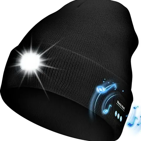 Bluetooth Beanie with LED Headlight and Removable Speakers, USB Rechargeable and Lightweight warm Hat for Winter Outdoor Activities, Music, Calling, Sport, Unisex Christmas Birthday Gift