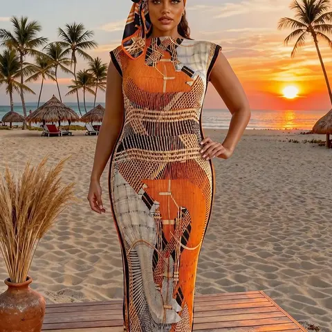 Women's Elegant Slim-Fitting Long Dress Set, All-Over Printed Shawl & Scarf, Beach Sun Protection Silk Wrap, All Seasons Fashion, Swim Cover Ups, Swimsuit Cover Ups, Swimwear Coverups, Beachwear Cover Up, Summer Swimming Cover, Coverups For Bathing Suits