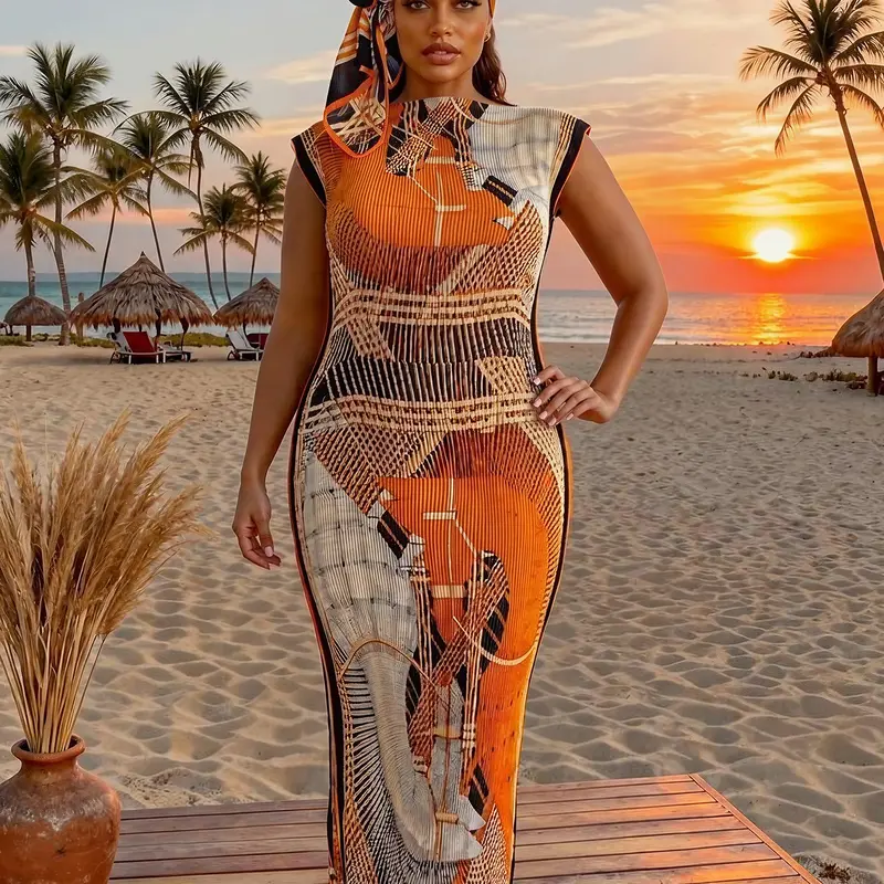 Women's Elegant Slim-Fitting Long Dress Set, All-Over Printed Shawl & Scarf, Beach Sun Protection Silk Wrap, All Seasons Fashion, Swim Cover Ups, Swimsuit Cover Ups, Swimwear Coverups, Beachwear Cover Up, Summer Swimming Cover, Coverups For Bathing Suits