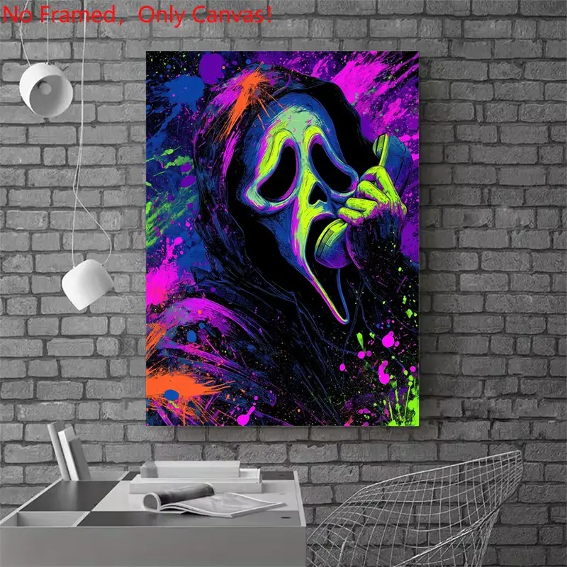 1 piece/set frameless canvas painting print poster, Graphic Prints, Wall decor pictures, Classic Movie scenes Poster art, Scream Ghostface Neon Splatter Art, a gift for Movie loves, ideal gift for bedroom, living room, home decor
