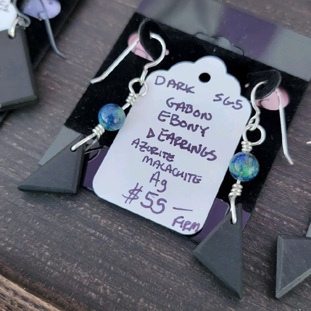 Dark Side Gabon Ebony Sterling Silver with Azurite Malachite Earrings Handmade