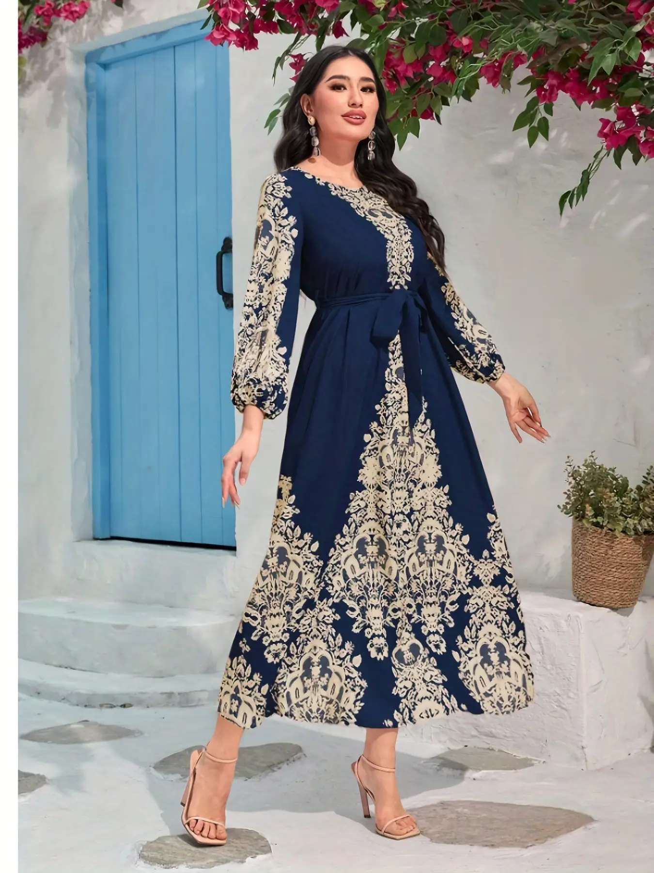 Muslim Fashion Digital Print Long Sleeve Maxi Dress, Elegant Middle Eastern Style, Modest Women's Clothing, Perfect for All Seasons