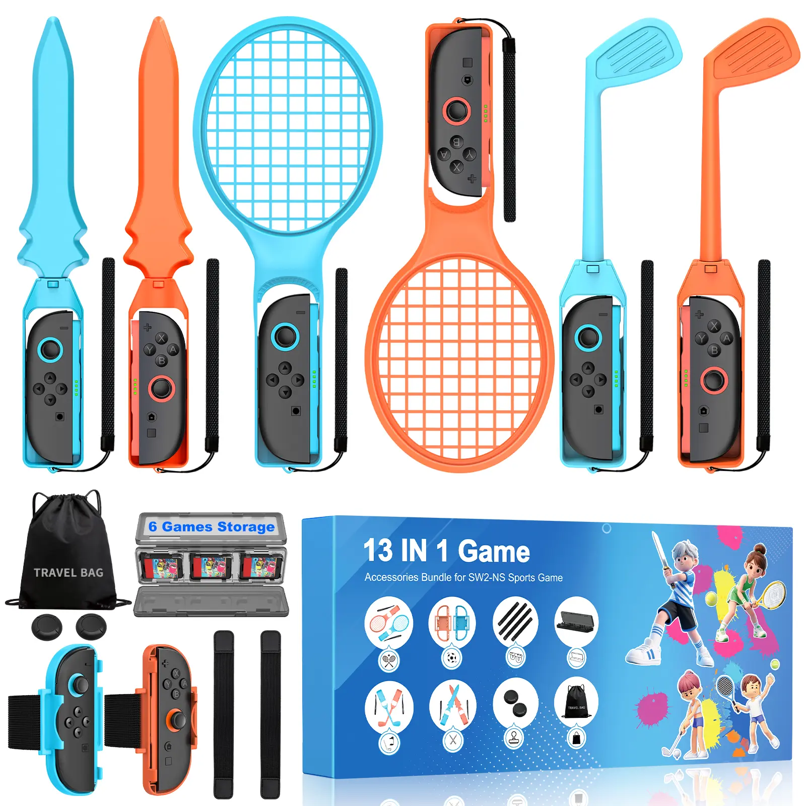ESYWEN Switch2 Sports Accessory Set 13 in 1 Home Accessory Set for Nintendo Switch2/Switch/OLED Sports Games, with Golf Club, Tennis Racket, Strap, Wrist Strap, Sword, Joystick Cap, Card Case with Storage Bag