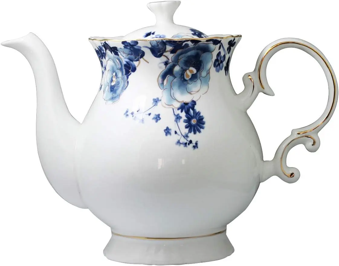 Machine-Made Porcelain Teapot - European Style Blue and White Kitchenware, 5.5-Cup Capacity, Filter-Equipped, Securely Packed Tea & Coffee Pot