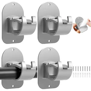 No Drill Curtain Rod Holder Hangers - Self Adhesive Hook - Upgrade Large Plastic Brackets - Renter Friendly Hanger (4PCS Silver)