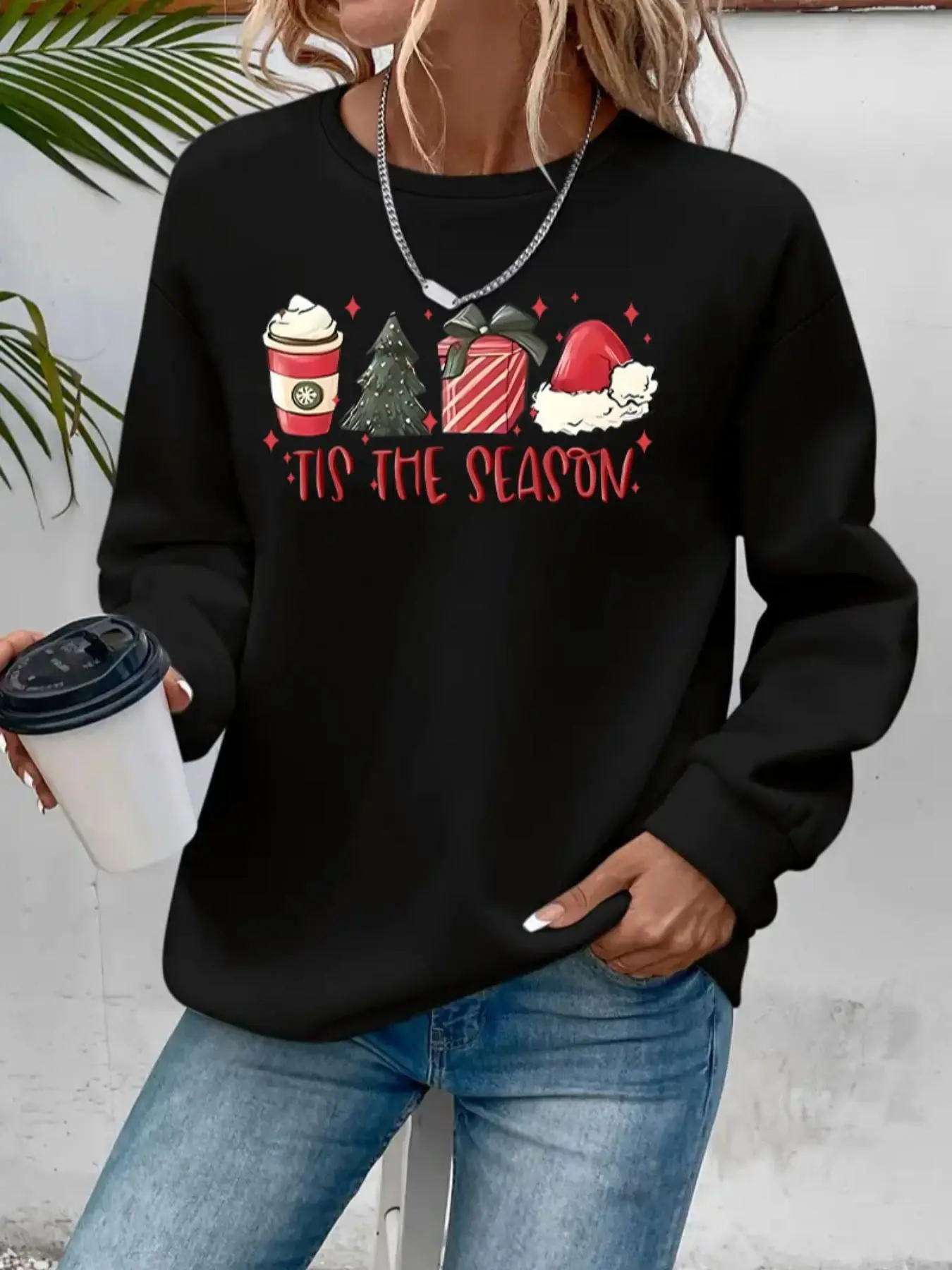 Women's Cartoon Christmas Graphic Print Round Neck Sports Sweatshirt, Airport Outfit, Casual Fashion Drop Shoulder Long Sleeve Pullover Lounge Outfit