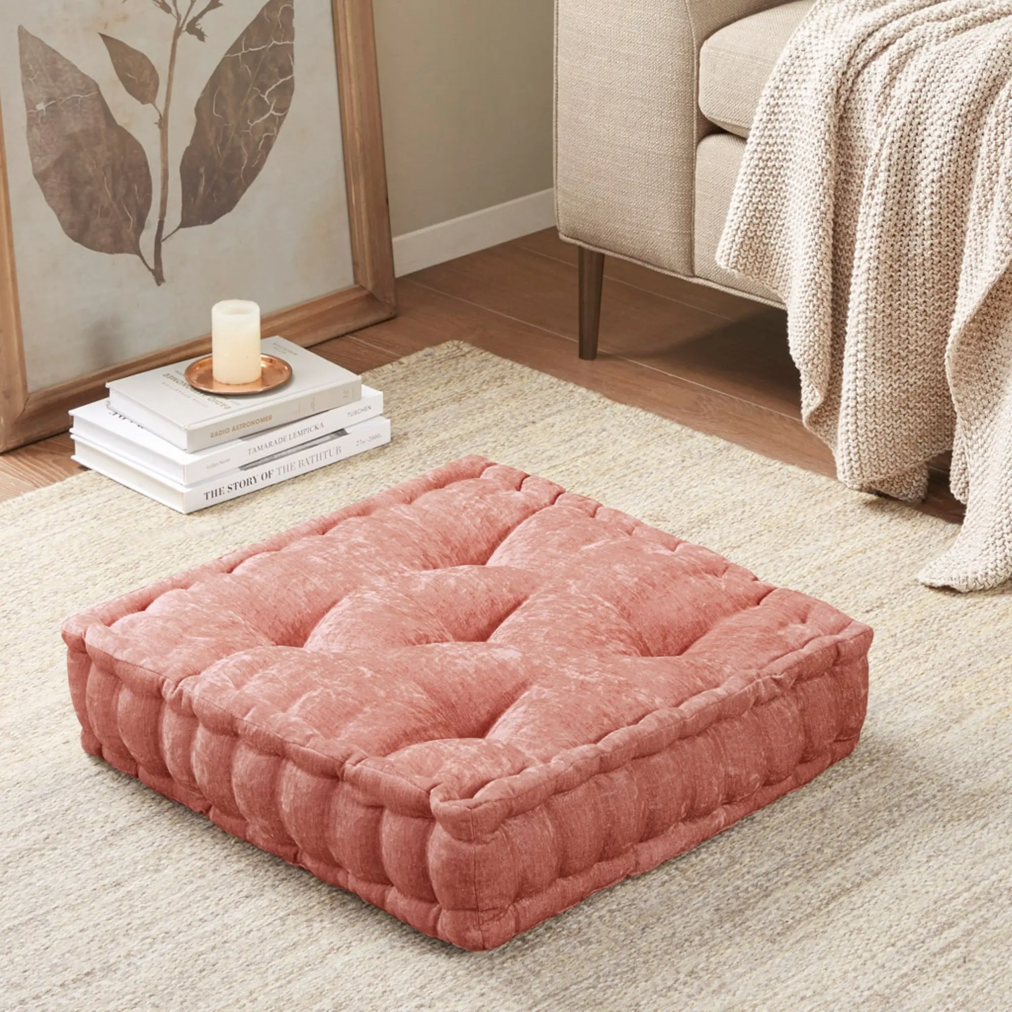 Square Floor Pillow Cushion, 20x20 Inch, Poly Chenille, Dusty Peach, Soft Plush Seating for Living Room, Bedroom, Dorm, Reading Nook, Meditation, Kids Playroom, 1 Piece