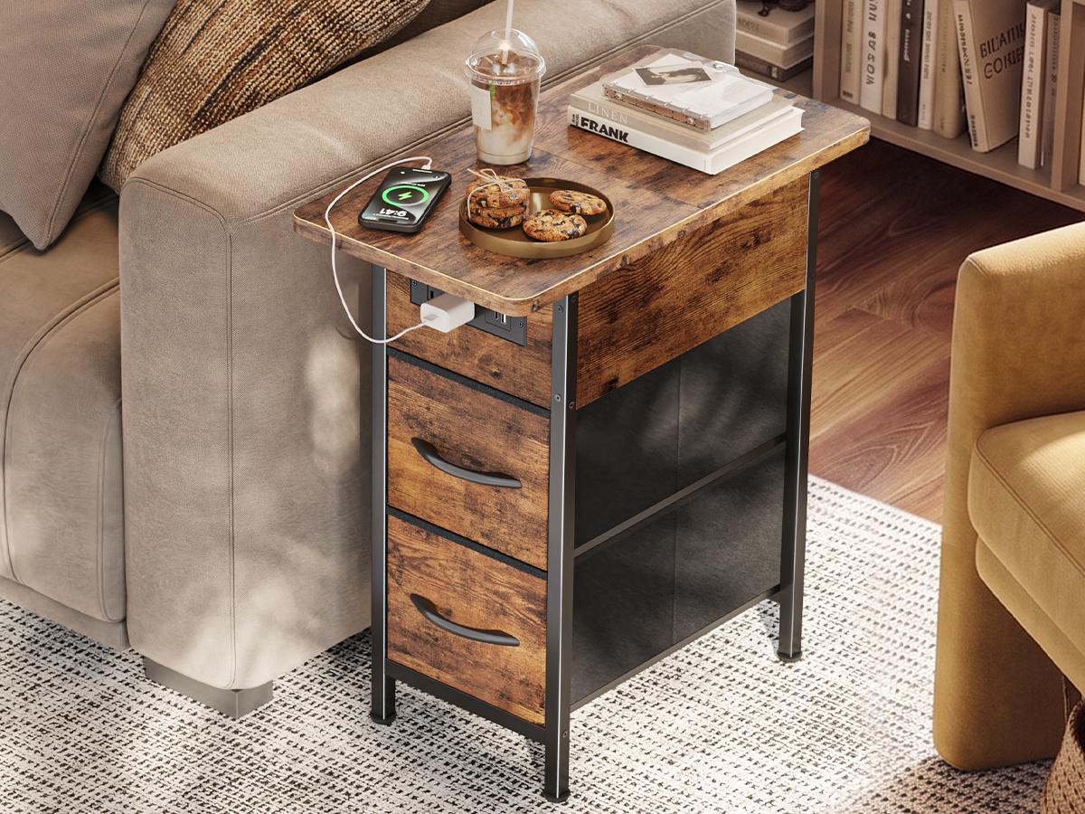 Huuger Narrow End Table with Charging Station, Flip Top Side Table with 2 Fabric Drawers, Slim Night Stand with USB-C Port for Small Spaces, Nightstand Bedside Couch Table, Living Room Huuger Narrow End Table with Charging Station, Flip Top Side Table with 2 Fabric Drawers, Slim Night Stand with USB-C Port for Small Spaces, Nightstand Bedside Couch Table, Living Room