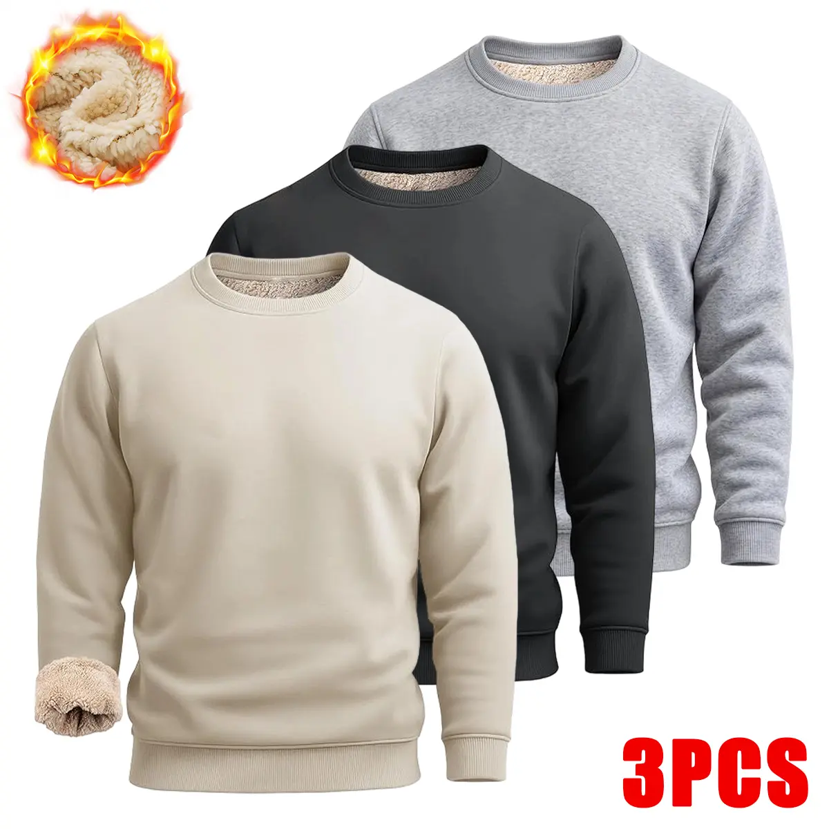 3 Pack Men Heavy Thermal Lined Crew Neck Sweatshirts, Insulated Solid Color Long Sleeve Pullover Shirts, Versatile Basic Layering Tops for Commuting, Driving & Chilly Season Daily Outfits