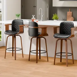 Bar Stools, Swivel Counter Height Bar Stools, Faux Leather Barstools with Back and Solid Wood Arm, Upholstered Modern Bar Chairs for Kitchen Island, Black