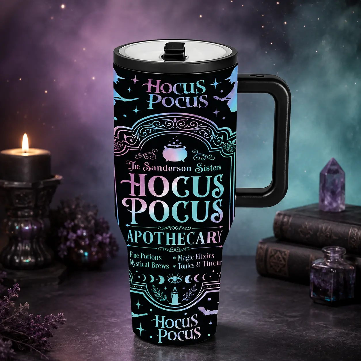 Hocus Pocus 40oz Halloween Tumbler with Handle and Lid, Sanderson Sisters Apothecary Stainless Steel Travel Cup, Witch Magic Potion Insulated Mug, Spooky Season Gift