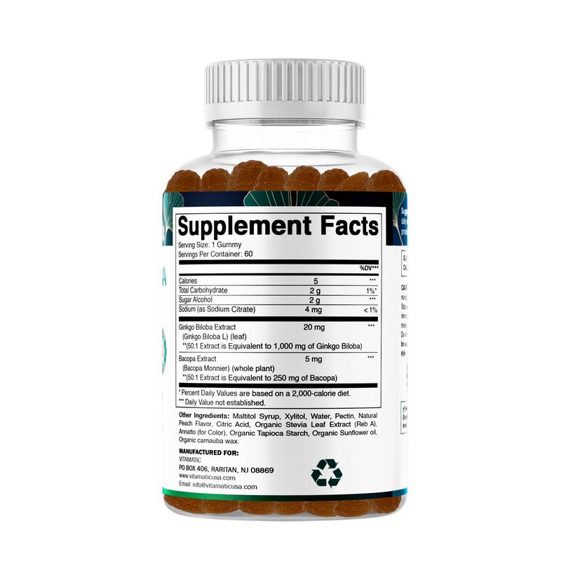 Vitamatic Ginkgo Biloba & Bacopa Gummies - 1250mg Peach Flavor - 60 Vegan Non-GMO Gluten-Free Gummies - Made in USA