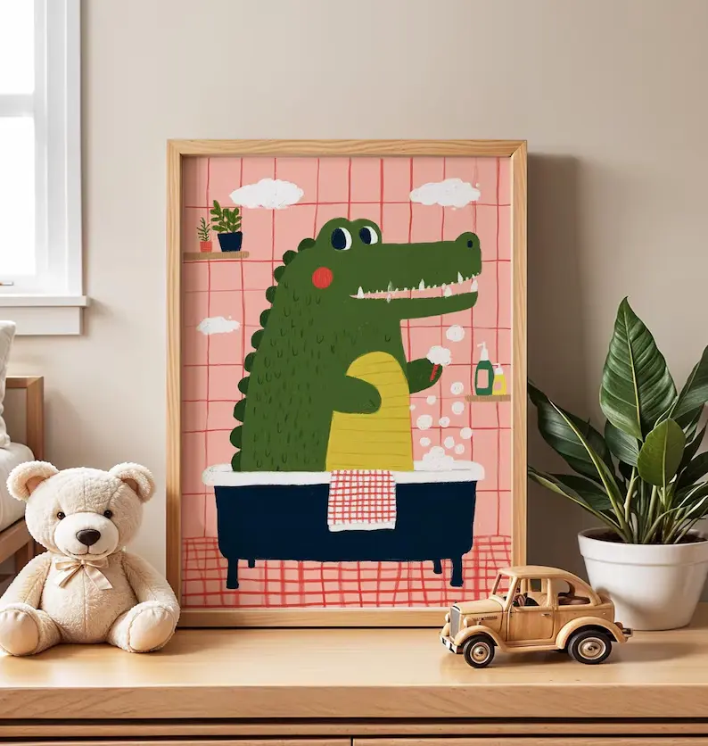 Cute Bath Wall Art, Funny Alligator Bathroom , Whimsical Animal Poster for Kids Bathroom Nursery