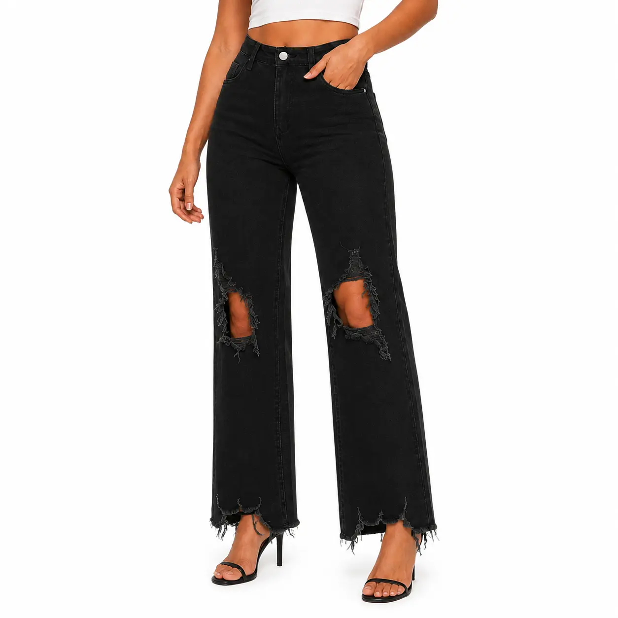 Women's High Waisted Black Wide Leg Ripped Denim Bottoms - Streetwear Everyday Fitted Comfortable Jeans with Distressed Raw Hem and Pockets, Fashion, Chic, Jean Pants, Ankle Length, Ankle Length Jeans, Denim Fabric