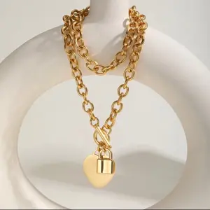 AVENTY Diana Necklace Stainless Steel Gold 316L Choker Modern Versatile Accessories with Double Chain Design & Heart Lock Charm for Women