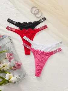 Women's Lace Thong Panties Set Lingerie, Comfortable Soft Breathable Fabric, Sexy Low Waist Fit Design, Perfect Underwear for Daily Wear & Special Occasions, Knitted Stretch Underwear