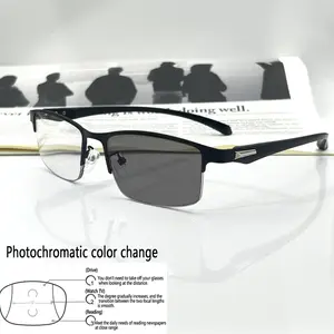 1 Pair Fashionable Classic Photochromic Multifocal Reading Glasses Metal Semi-Rim TR Temple