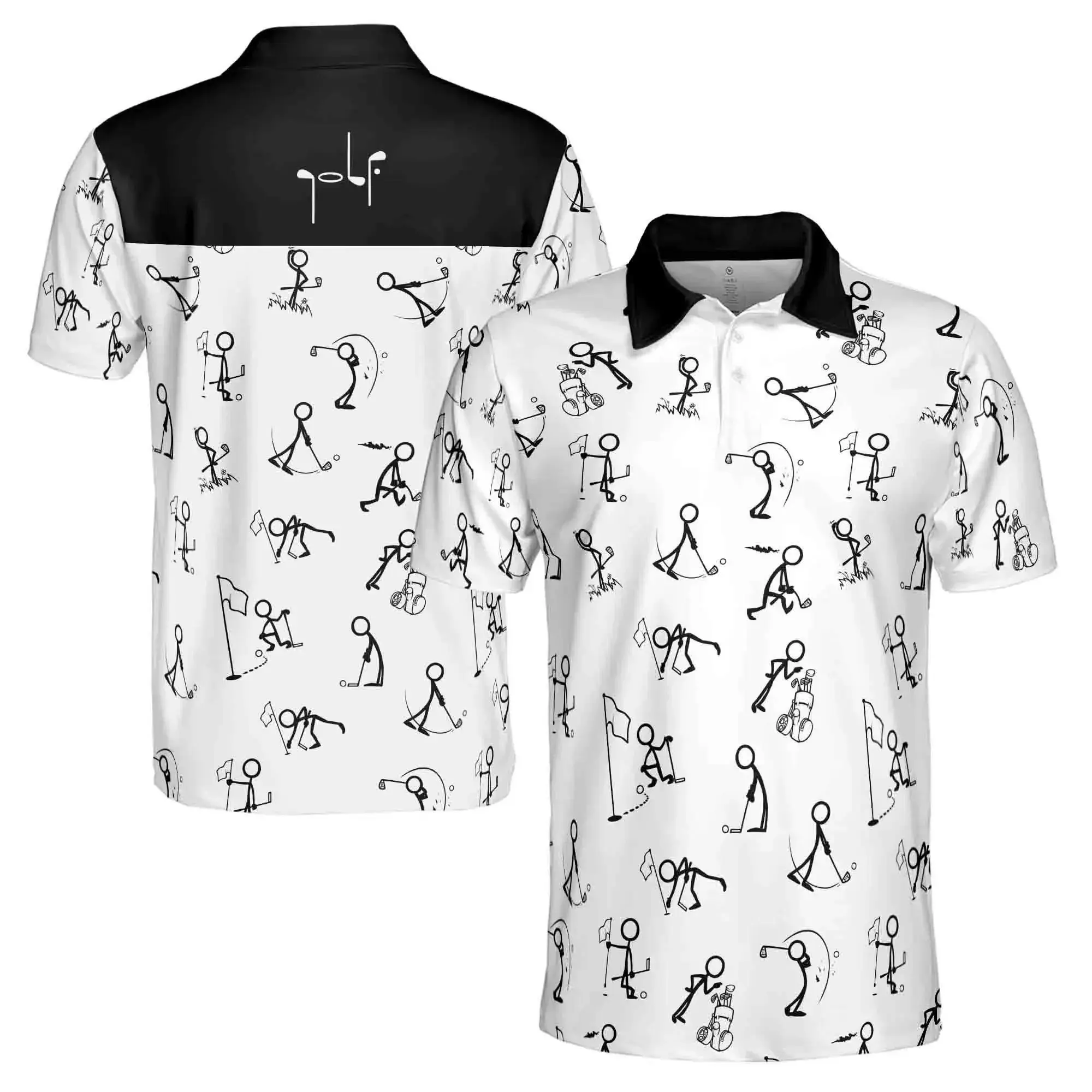 Funny Stick Figure Golf Polo Shirt Men Black White Golfer Pattern Short Sleeve Top