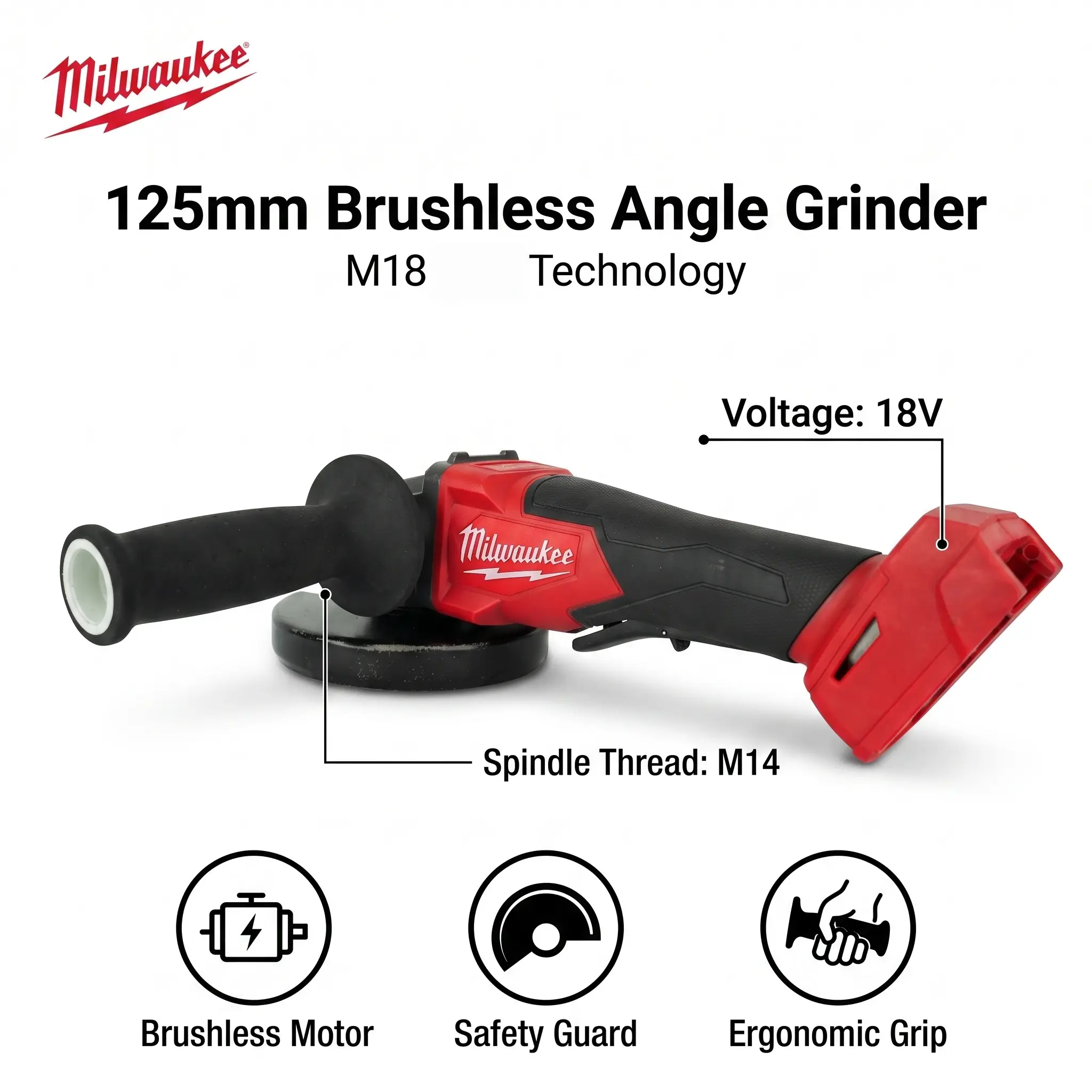 Milwaukee 18V Brushless Cordless Angle Grinder, 125mm 5" M14 Metal Grinder, 9000 RPM High Torque Power Tool for Cutting, Grinding, Welding, Automotive Repair, Construction & DIY Projects
