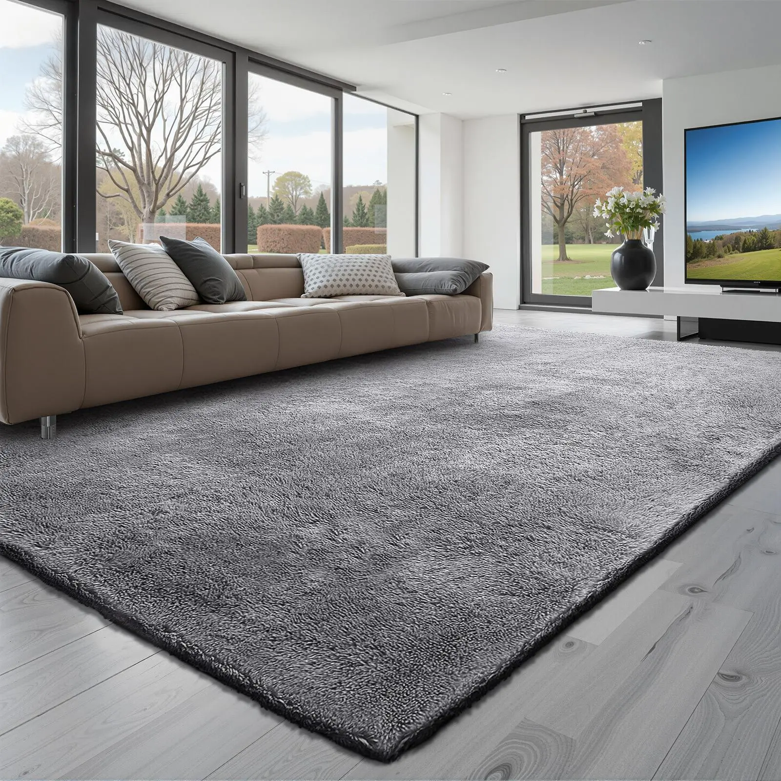 【SummerFinds】VEVOR Thick Cushioned Indoor Plush Area Rug, 5x8 ft/8x10 ft/9x12 ft Soft Furry Shag Carpet, Non-Shedding Non-Woven Fabric, Sponge Cushion Layer, Slip-Resistant Smoke Gray, Living Room Decor, Rugs for Bedroom, Modern Home Decor, Minimalist, Mo