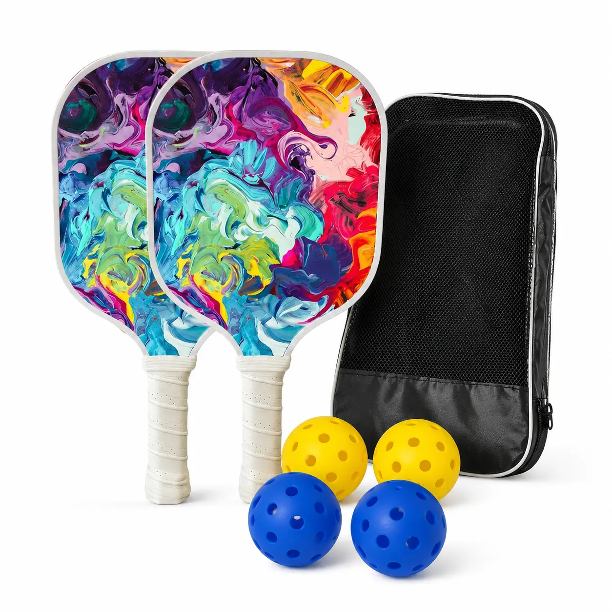 Lightweight Poplar Wood Pickleball Set of 2 - Printed Starter Kit with 4 Indoor & Outdoor Balls & Carry Bag